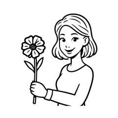 Black and white vector illustration of a beautiful woman holding a flower, minimal clean line art style
