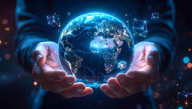 Global Technology & Data Network: Hands Holding Glowing Digital Earth with Abstract Cubes, Future Connectivity Concept - Powered by Adobe