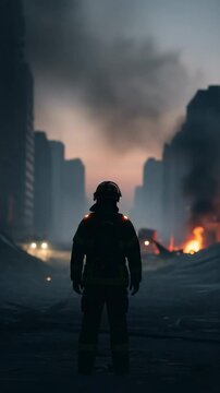 Silhouette of a brave firefighter in protective gear standing on a smoky city street, surveying the aftermath of a disaster with distant fires burning at dusk.