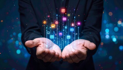 Hands holding rising glowing digital communication icons, symbolizing global connectivity, data flow, and technology innovation.
