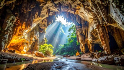 Sunlight streams into a lush cave