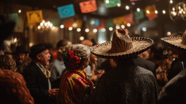 Colorful celebration with people wearing traditional sombreros, surrounded by festive decorations and warm ambient lighting at a vibrant cultural event