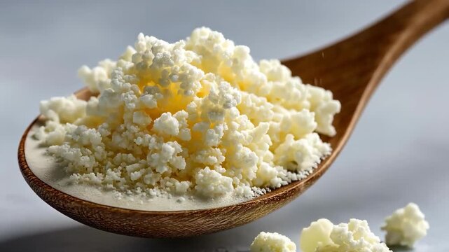 Close-up of kefir grains on a wooden spoon, healthy probiotic food.