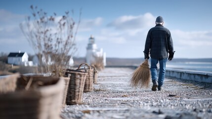 Elderly Man Walking on Pier Carrying Branches towards Lighthouse on Sunny Day