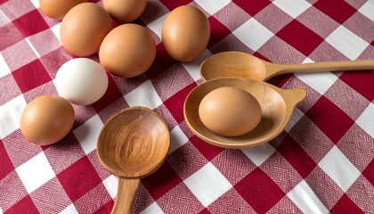 Fresh eggs and wooden spoons on a checkered tablecloth