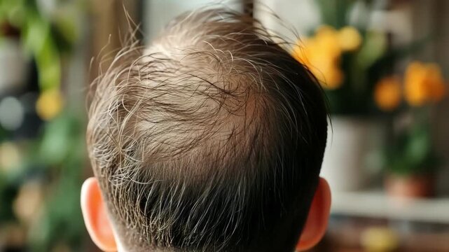 Close-up of thinning hair on a man's head, viewed from behind. Hair loss.
