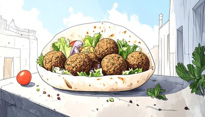 Falafel pita sandwich, outdoor setting