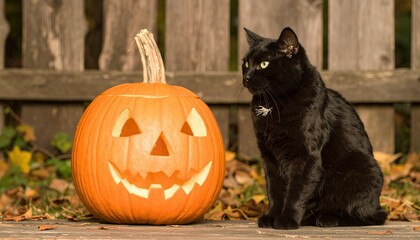 Alert Black Cat and Grinning Jack-o-Lantern Create Classic Halloween Scene Outdoors.