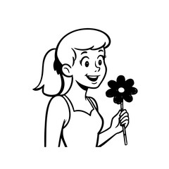 Black and white vector illustration of a beautiful woman holding a flower, minimal clean line art style