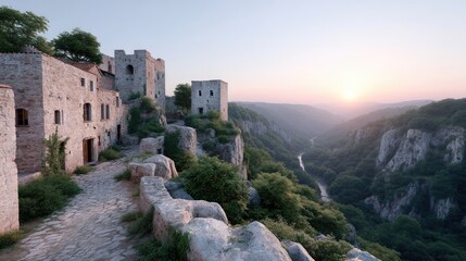 Fototapeta premium Ancient Stone Castle Ruins on Hilltop Overlooking Green Valley During Golden Sunset Hour with Soft Light and Dramatic Sky