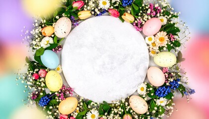 Colorful Easter Wreath with Pastel Eggs, Spring Flowers, and Central Text Space on Blurred Bokeh.