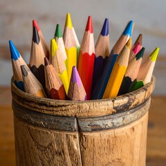 Colorful pencils in a rustic wooden container