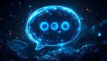 Futuristic Glowing Chat Bubble Icon with Typing Dots. Digital Communication and AI Concept on Dark Abstract Background
