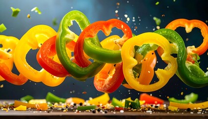 Colorful pepper slices in mid-air
