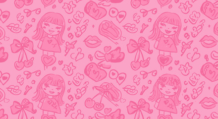 Whimsical pink pattern with cute cartoon characters hearts and playful design