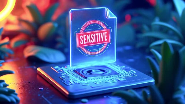 Futuristic holographic display labeled 'SENSITIVE' on a circuit board surrounded by vibrant foliage
