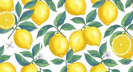 Vibrant Lemon and Leaf Pattern Design for Fresh and Zesty Visuals over White Background