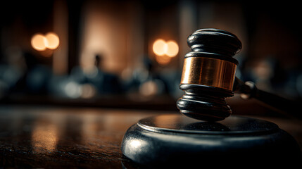 close-up photograph of a judge's gavel, foregrounded against the soft, out-of-focus silhouettes of people seated in a courtroom