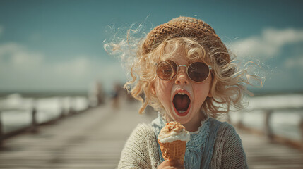 A laughing child eating ice cream on a sunny beach