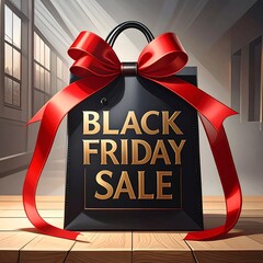 Black Friday sale shopping bag on a wooden surface