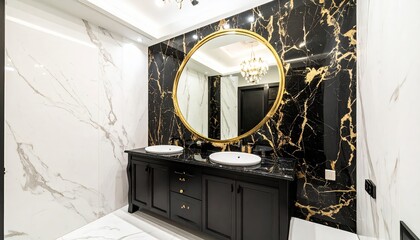 Luxurious Bathroom with Gold Mirror, Black Marble Wall, and Double Vanity.