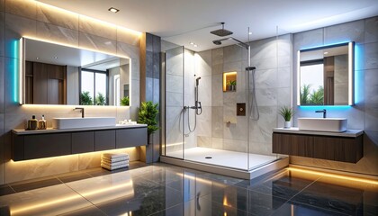Luxurious Modern Bathroom with Dual LED-Lit Mirrors, Floating Vanities, and Walk-in Shower.