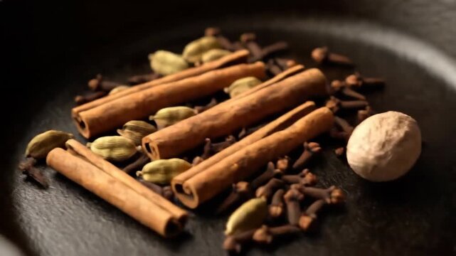 Aromatic indian masala spices whole cinnamon cardamom cloves and nutmeg on dark background for authentic cuisine