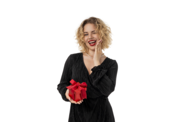 Woman with curly hair smiles while holding a gift, isolated, PNG