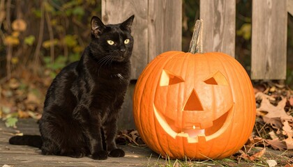 Mysterious Black Cat with Piercing Eyes Sits Beside a Grinning Jack-o-Lantern in Autumn.