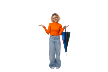 Person enjoys playful weather with an umbrella, isolated on white, PNG