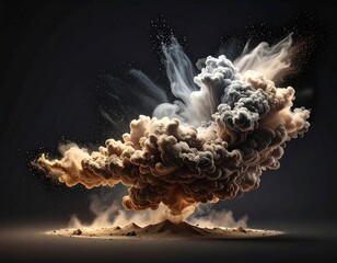 Powerful explosion of smoke and dust on a dark background