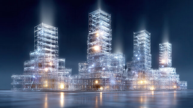 Futuristic glowing construction site with transparent building structures and bright lights reflecting on smooth surface