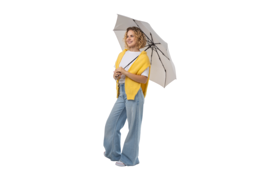 Person with white umbrella enjoying nature, isolated on white, PNG