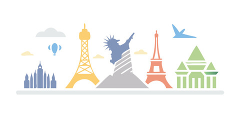 Obraz premium Colorful flat design skyline of famous landmarks from around the world with clouds and a hot air balloon
