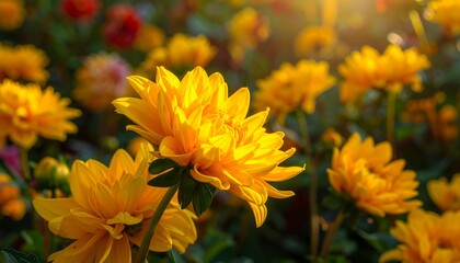 Vibrant yellow dahlia blossoms in a garden