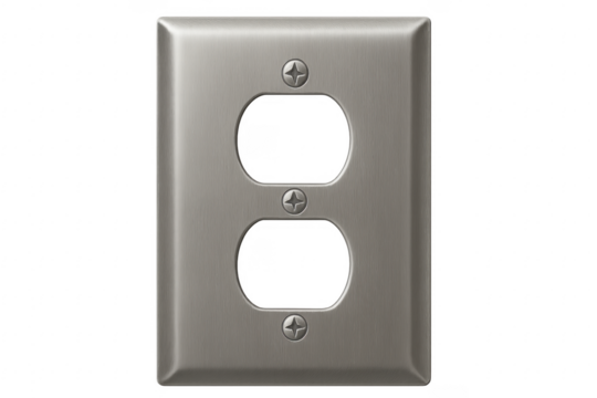 Brushed metal duplex outlet cover plate on transparent background