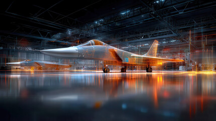 Futuristic fighter jet high tech hangar with glowing orange and blue digital effects creating dynamic and advanced atmosphere