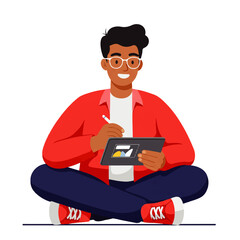 A smiling young man with glasses sits cross-legged, using a stylus on a digital tablet.