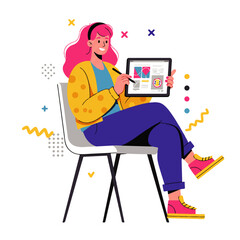 A young woman with pink hair sits on a chair while holding a tablet and using a stylus, showcasing a design project.