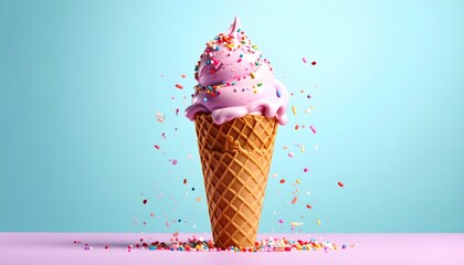 Vibrant Pink Ice Cream Cone with Falling Sprinkles on Teal Background.