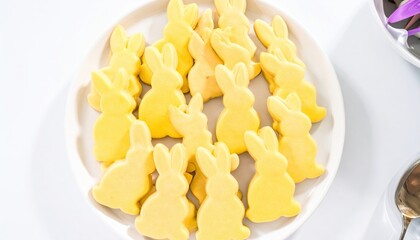 Vibrant Yellow Bunny Cookies on White Plate, Overhead View for Festive Easter Treats.