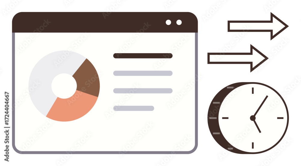 Poster analytical data dashboard featuring pie chart, text details, clock for time tracking, and arrows sym