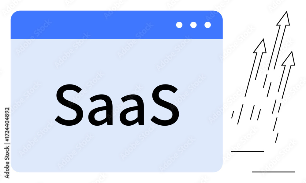 Poster browser window with saas text beside ascending arrows suggesting growth, innovation, and development