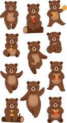 Adorable Cartoon Brown Bears Poses and Actions.