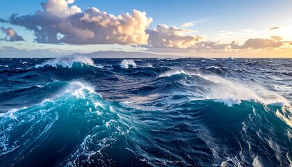 Powerful ocean waves at sunset