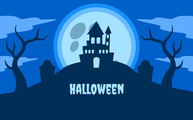 Color the spooky blue halloween castle orange with a greeting amongst trees and clouds.