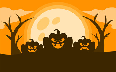 Color orange pumpkins greet the halloween full moon amidst autumn trees beautifully.