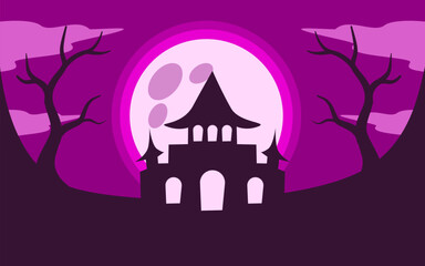 All keywords color of the orange greeting moon illuminates the spooky dark castle with trees.