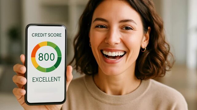 Ai credit scoring technology on smartphone with smiling woman holding device displaying excellent score 800 in bright indoor setting