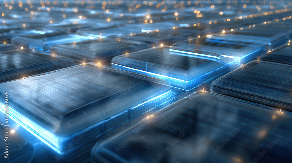 Poster futuristic glowing blue solar panel array with reflective surfaces and bright light effects creating